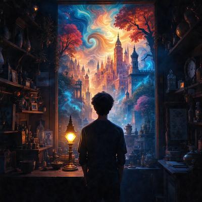 The primary subject of the image is a man standing in front of a window. The setting is a room with a window that features a painting of a castle. The visual style appears to be a combination of a photo and digital art, creating a unique and intriguing atmosphere. The colors in the image are predominantly dark, with the man and the window being the main focus. The overall mood of the image is mysterious and captivating.